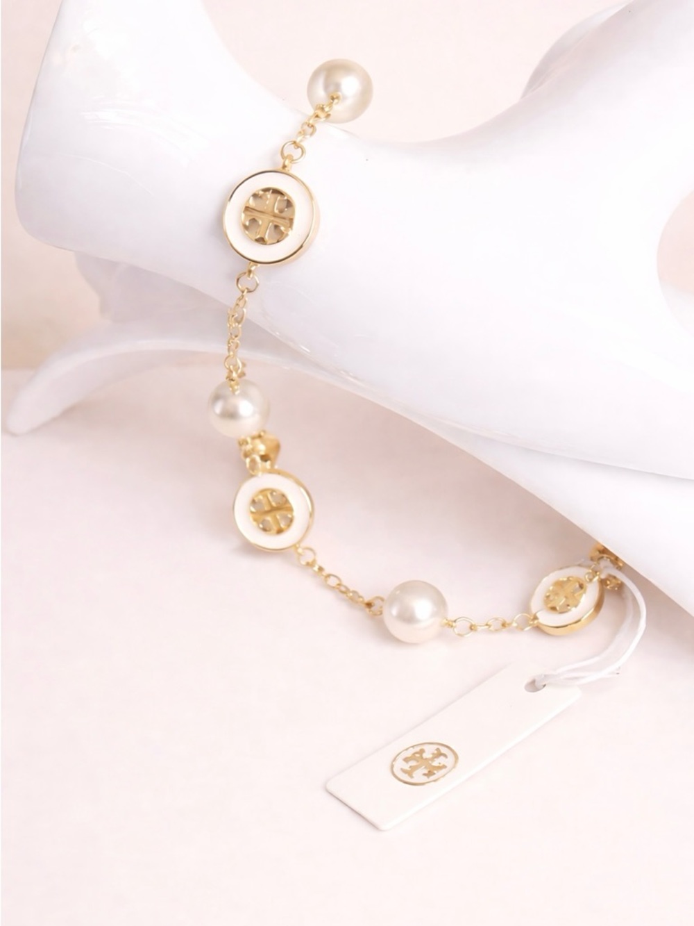Tory Burch Gold, White Enamel & Pearl Charm Bracelet NWT